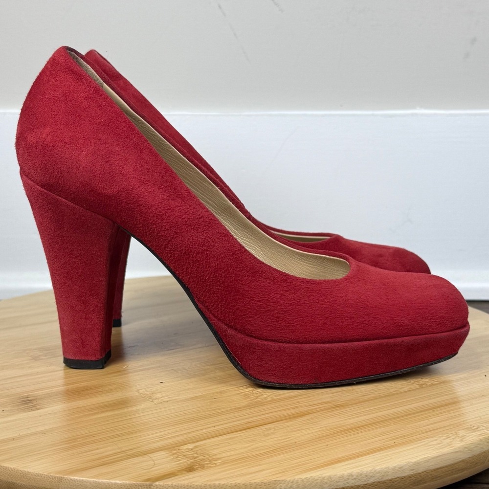 Vtg Hobbs London Platform Pumps Womens 36 Red Suede Square Toe Block Heel Italy